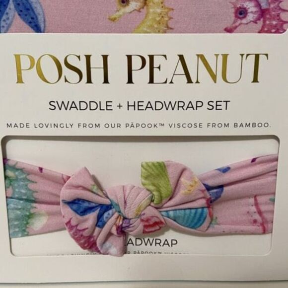 Posh Peanut Coral Seahorses Swaddle + Bow Headwrap Set Bamboo Pink NEW - Picture 3 of 5